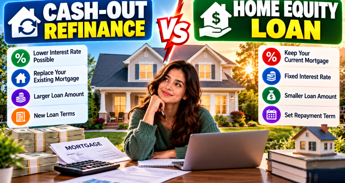 A graphic comparing a home equity loan vs cash-out refinance 2026 for borrowing against home equity